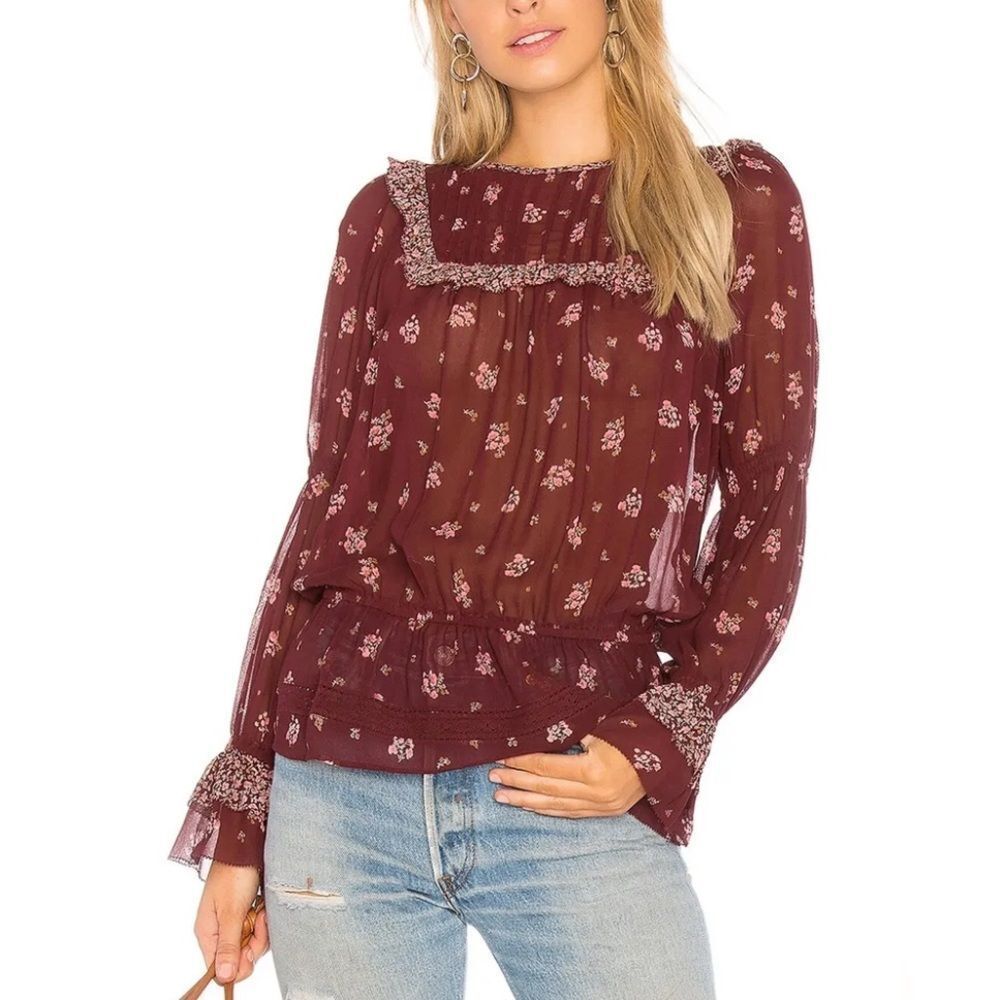 Joie Adrielle Pleated Ruffle Burgundy Silk Blouse